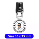 Customized self-inking portrait stamp featuring a person's photo and business logo for Ayan Computer, available in Araria, Bihar with 5 ink color options.